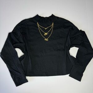 Nike Womens Black Cropped Long Sleeve Necklace Graphic Tee Size Large